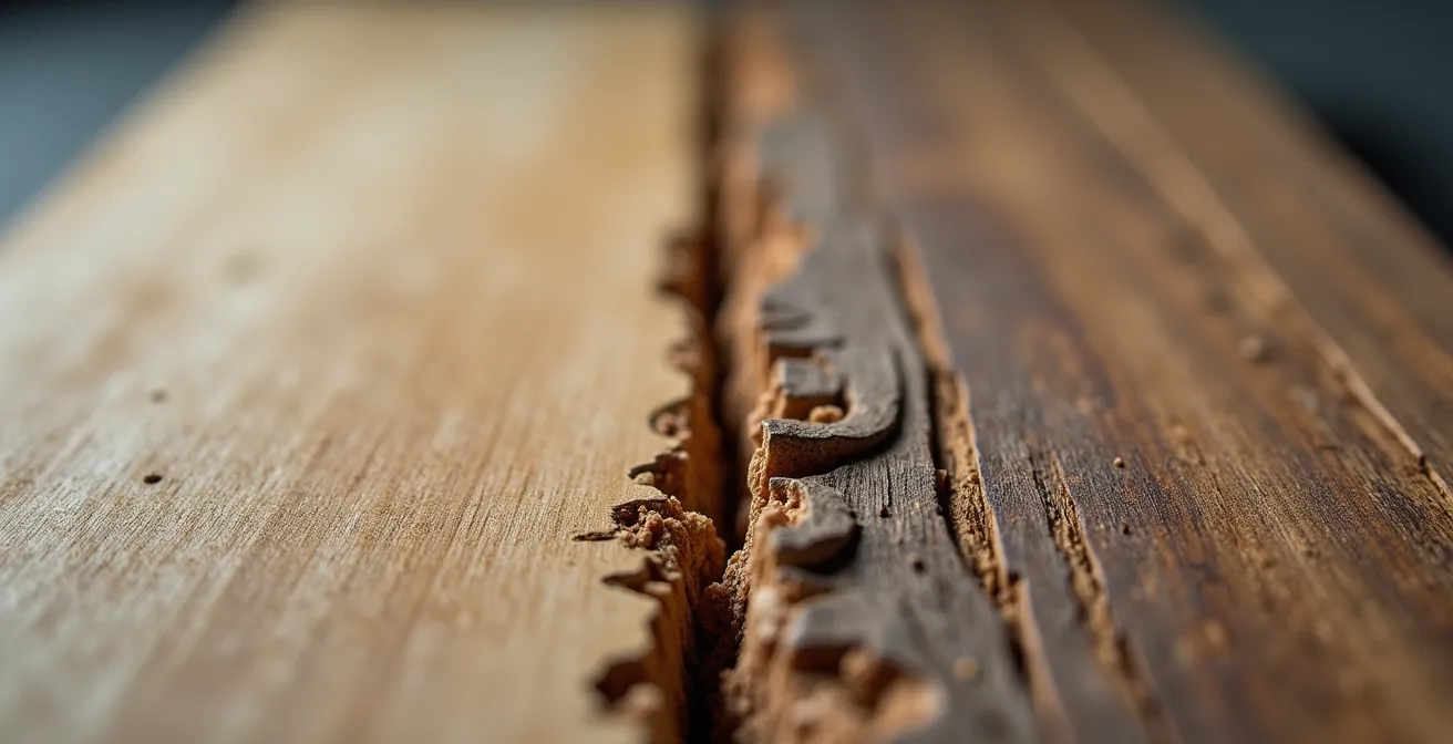 Détail macro montrant la différence de qualité entre aggloméré abîmé et bois massif patiné