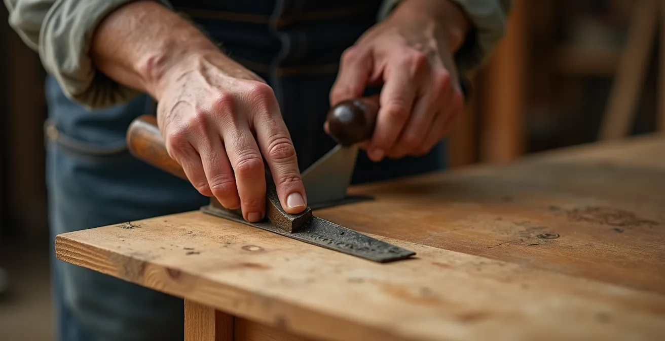 Mains d'artisan travaillant sur la finition d'un meuble en bois avec outils traditionnels