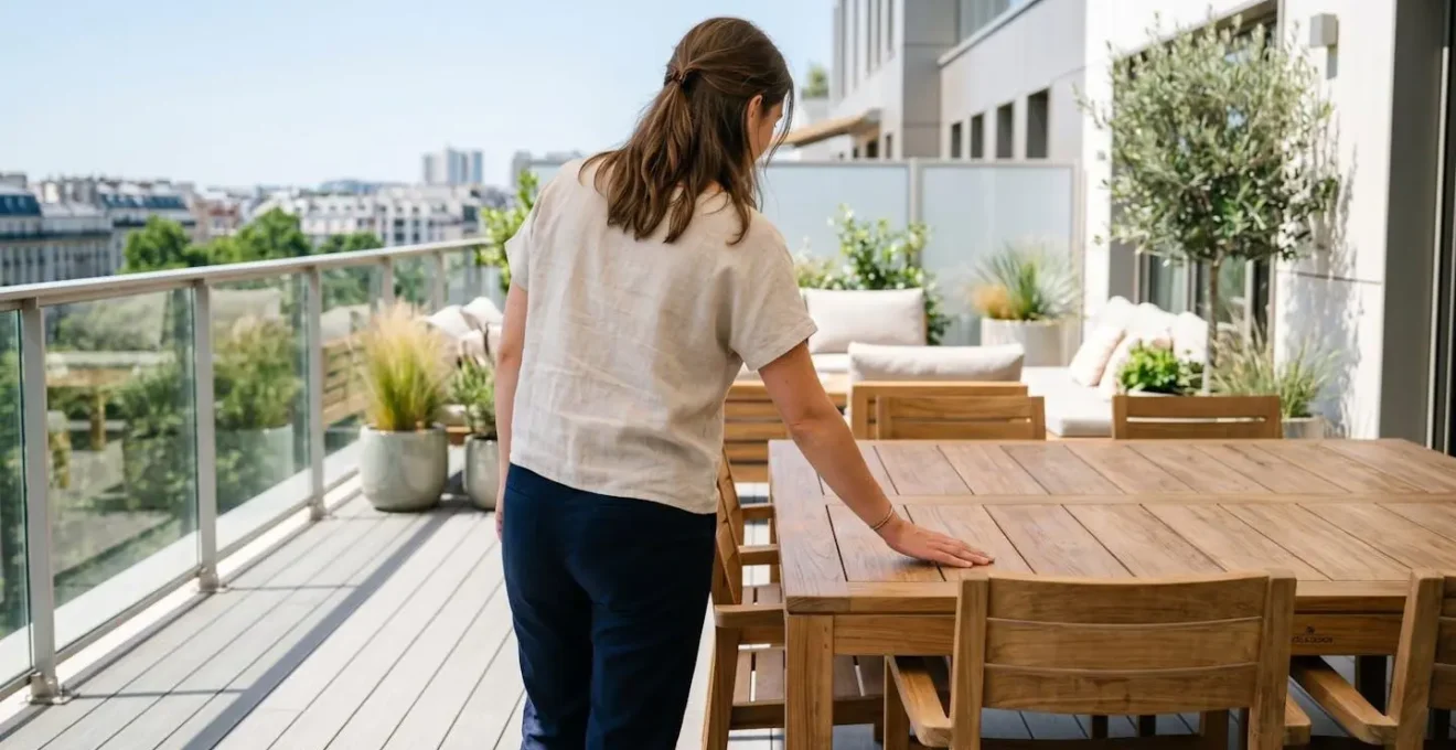 Une personne vue de dos observe attentivement les détails d'un salon de jardin en bois sur une terrasse lumineuse moderne