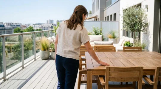 Une personne vue de dos observe attentivement les détails d'un salon de jardin en bois sur une terrasse lumineuse moderne