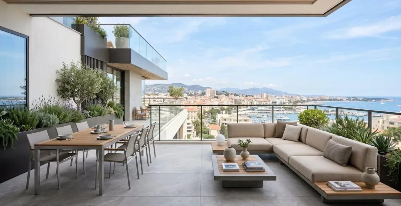 Vue d'ensemble d'une terrasse moderne aménagée avec du mobilier de jardin, baignée de lumière naturelle, sans personne au premier plan
